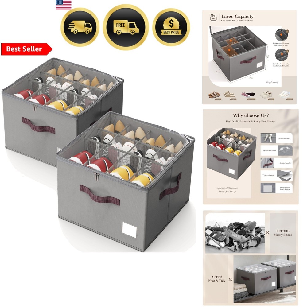 Shoe Organizer Closet Storage 2 Pack Foldable Shoe Box with Handles