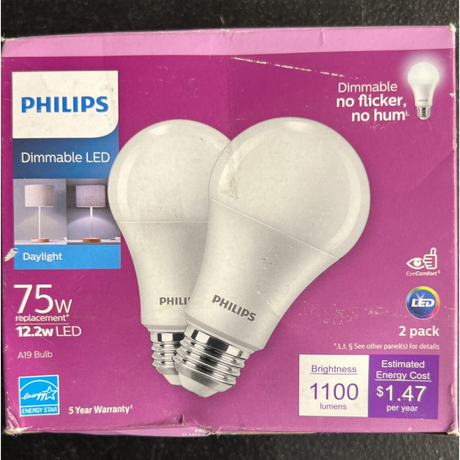 2pk Philips 75W LED Light Bulbs 1100 Lumens A19 Dimmable Daylight 561741 gallery