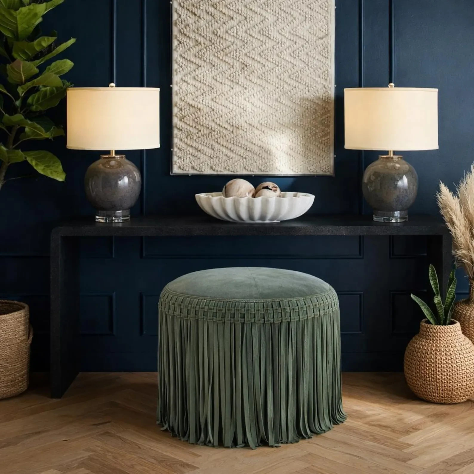Premium Real Leather Suede Ottoman Pouf with Western Fringe Living Room Hall Roo gallery