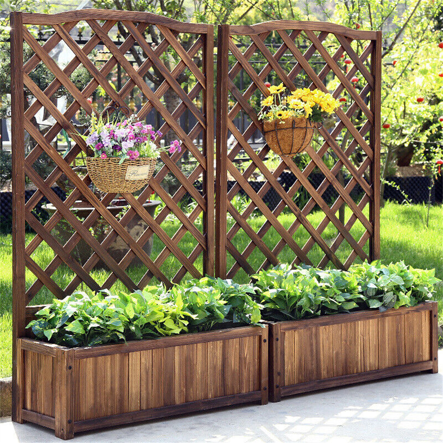 Rustic Wooden Raised Garden Bed Vegetable Planter Grid Box with Climbing Trellis gallery