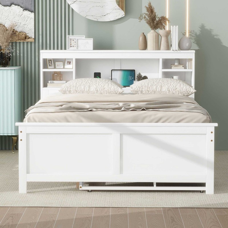 Full Size Platform Bed with Storage Headboard, USB, Twin Size Trundle and 3 Dr gallery