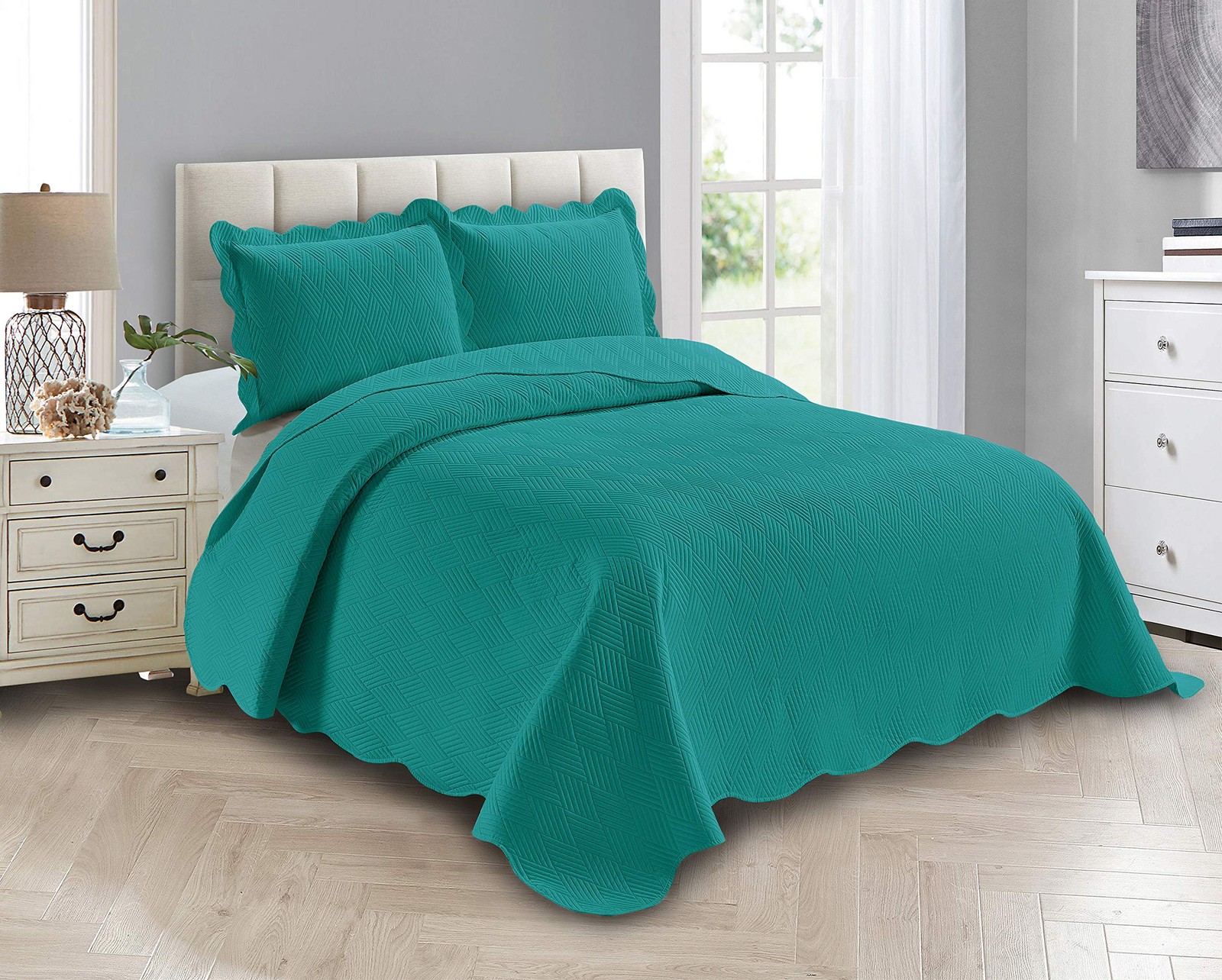 Luxury Oversized Coverlet Embossed Bedspread Set Solid Turquoise Full/queen Bed gallery