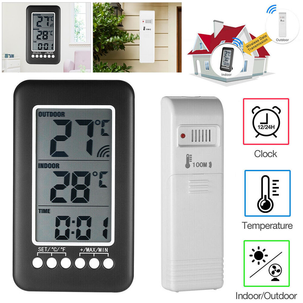 Digital Thermometer Clock Temperature Indoor/Outdoor Wireless Transmitter Meter gallery
