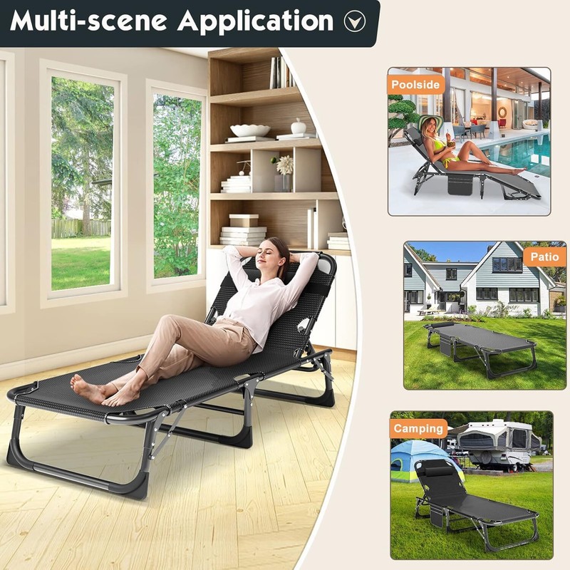 Portable Folding Camping Cot Bed Reclining Lounger Chair 4 Gear Adjustable w/Mat gallery