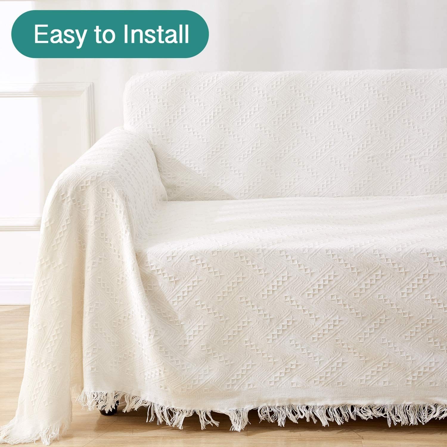 Large Beige White Sofa Cover Durable High Quality Fabric Easy Installation gallery