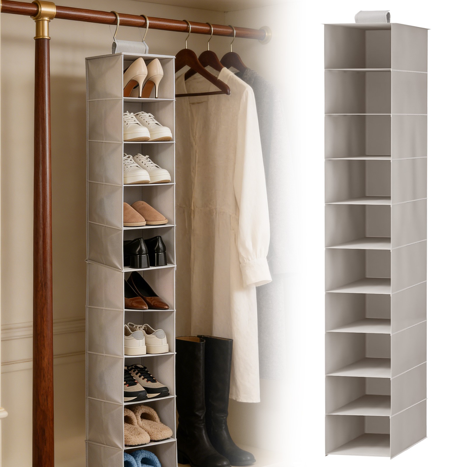 Foldable 10-Shelf Hanging Storage Organizer for Shoes Hat Clothes Closet Bedroom gallery