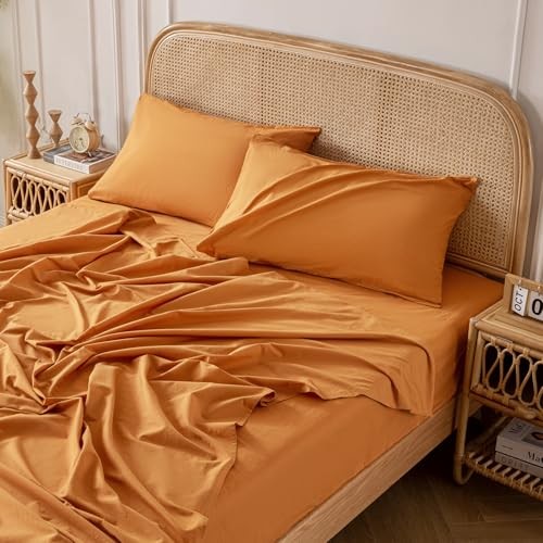 100% Washed Cotton Linen Feel Sheet Set Queen Size, 4 Pieces Deep Full Orange gallery