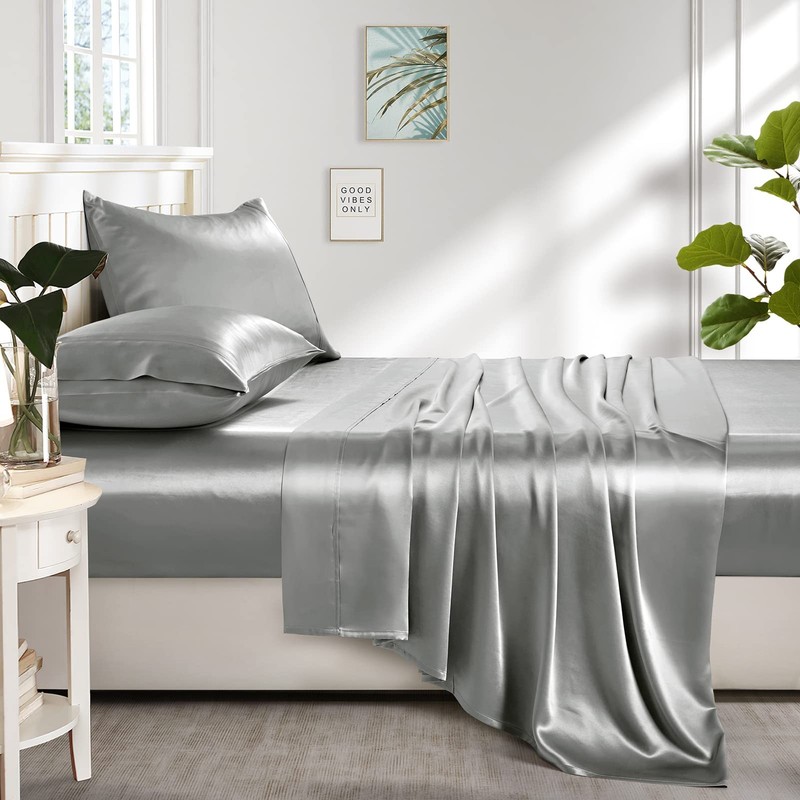 Lanest Housing Silk Satin Sheets, 4-Piece Queen Size Satin Bed Sheet Set with gallery