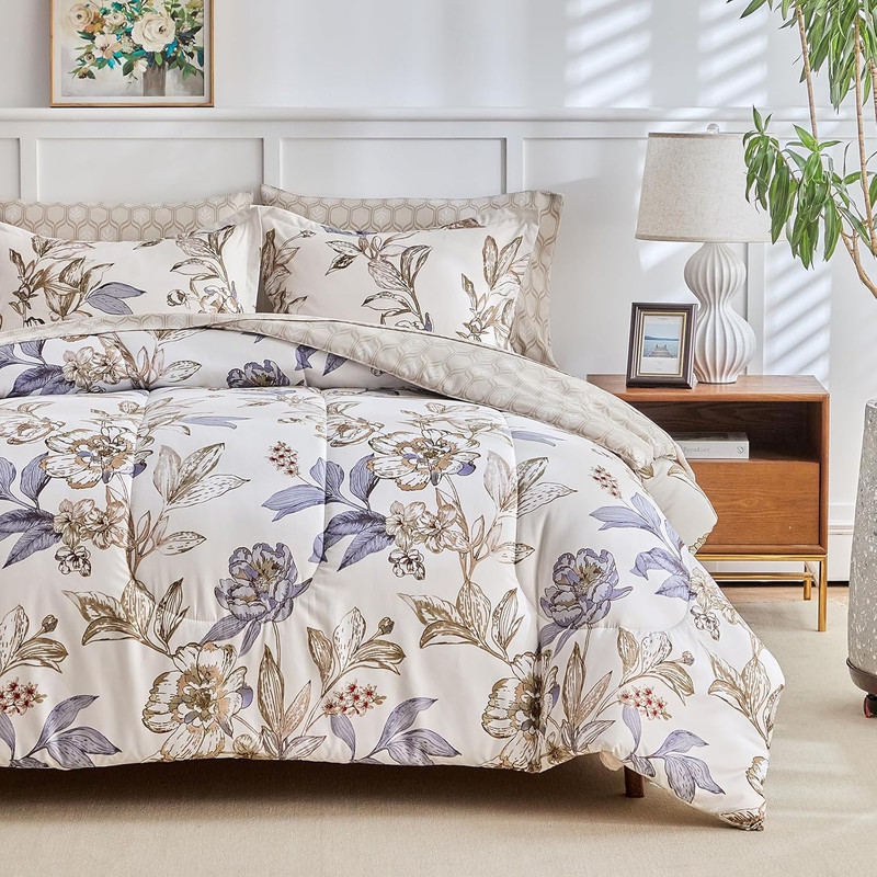 Queen Comforter Set- 7 Pieces Floral Bed in a Bag, Blue Flowers Golden Leaves... gallery