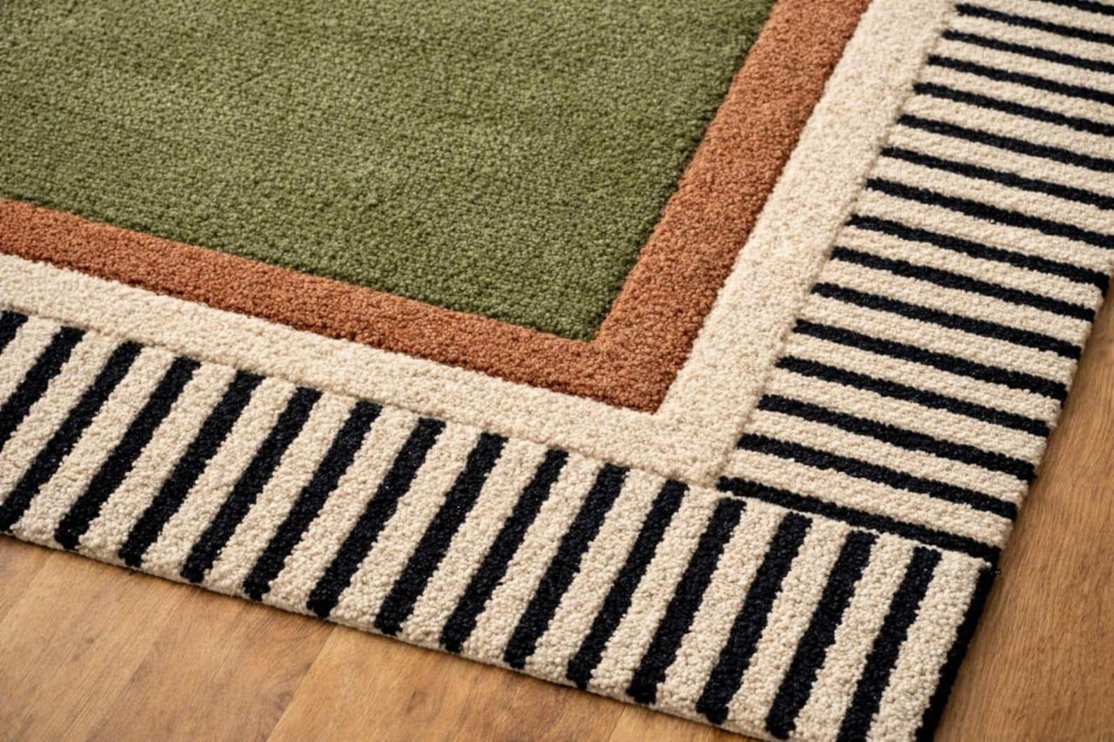 Olive Green Modern Area Rug 8x10 | Handcrafted Wool High Low Pile Carpet gallery