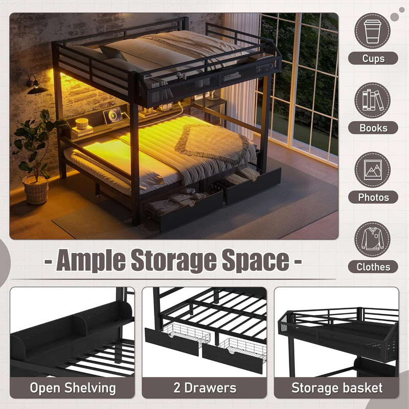 Queen Metal Bunk Bed with Storage, USB Ports, LED & Convertible Sofa gallery