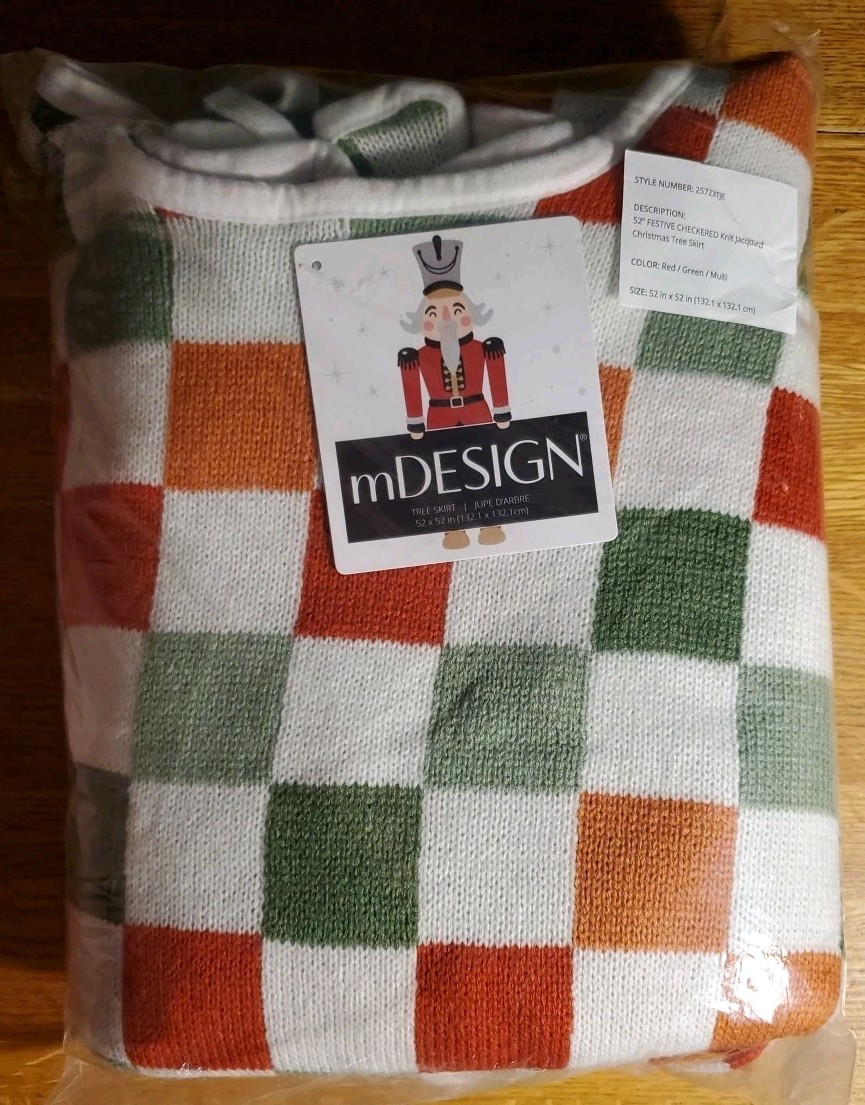 mDesign 52" Festive Checkered Knit Jacquard Christmas Tree 🎄 Skirt, Tie Closure gallery