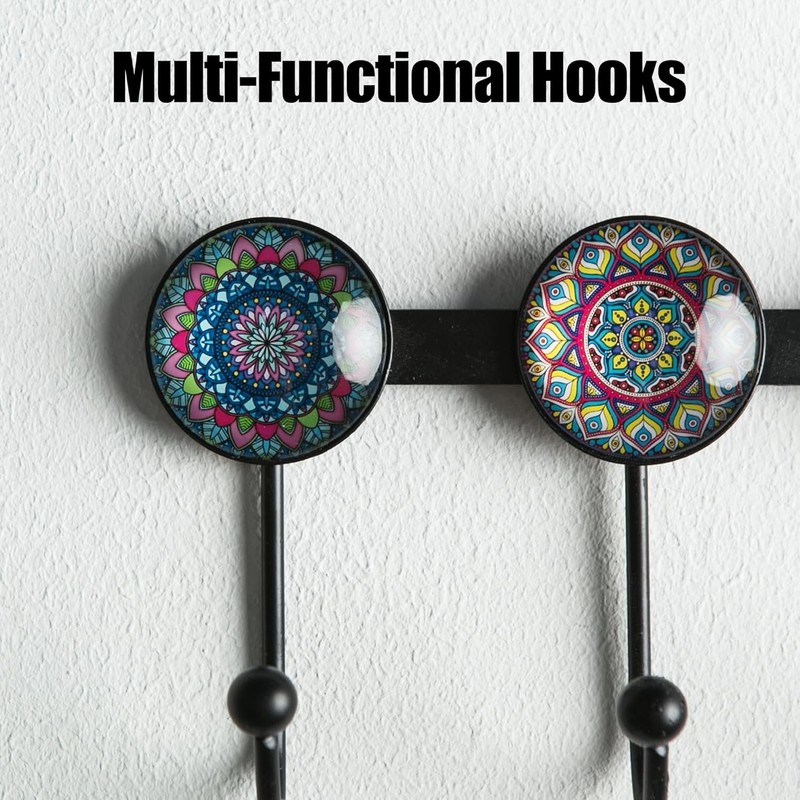 Boho Coat Rack Wall Mounted with 5 Hooks, Multi-Color Mandala Pattern Decorative gallery
