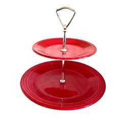 Fiesta Two-Tier serving Stand Red Ceramic Plates W/ Silver Metal Handle vintage