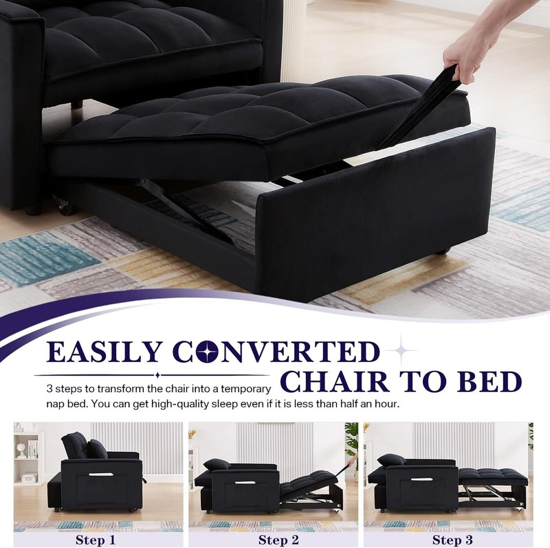 Convertible Single Sleeper Chair Bed 3in1 Modern Velvet Pull Out Tufted Sofa Bed gallery