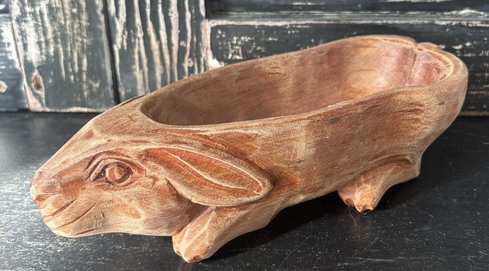 Hand Carved Wooden Treen Ware Rabbit Bowl Farmhouse Cottage gallery