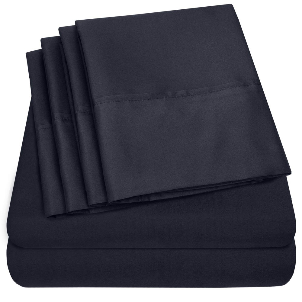 Navy Split King Bed Linen Set With Built In Elastic Straps 6 Piece Luxury Sheets