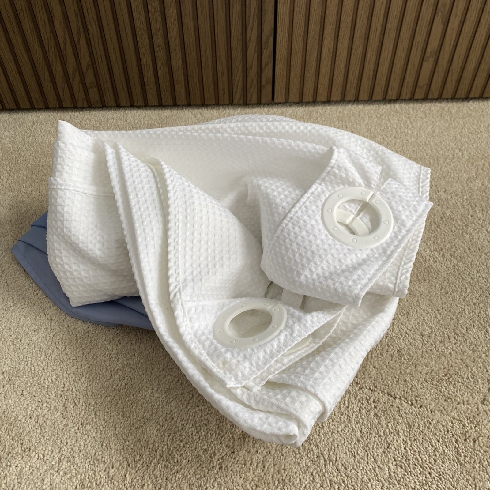 Hookless White Waffle Weave Shower Curtain And Blue Liner 71W x 74H gallery