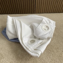 Hookless White Waffle Weave Shower Curtain And Blue Liner 71W x 74H