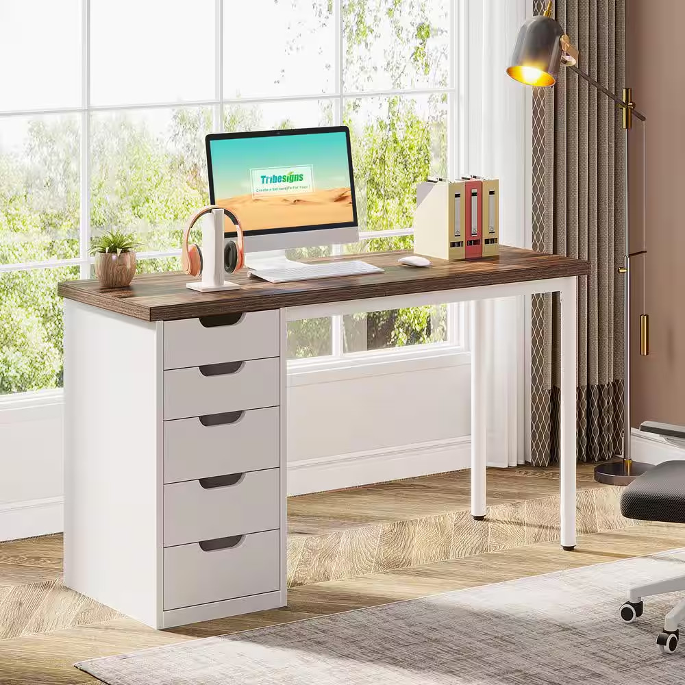 Havrvin 47 In. Rectangular Gray and Black 5-Drawer Computer Desk for Home Office gallery