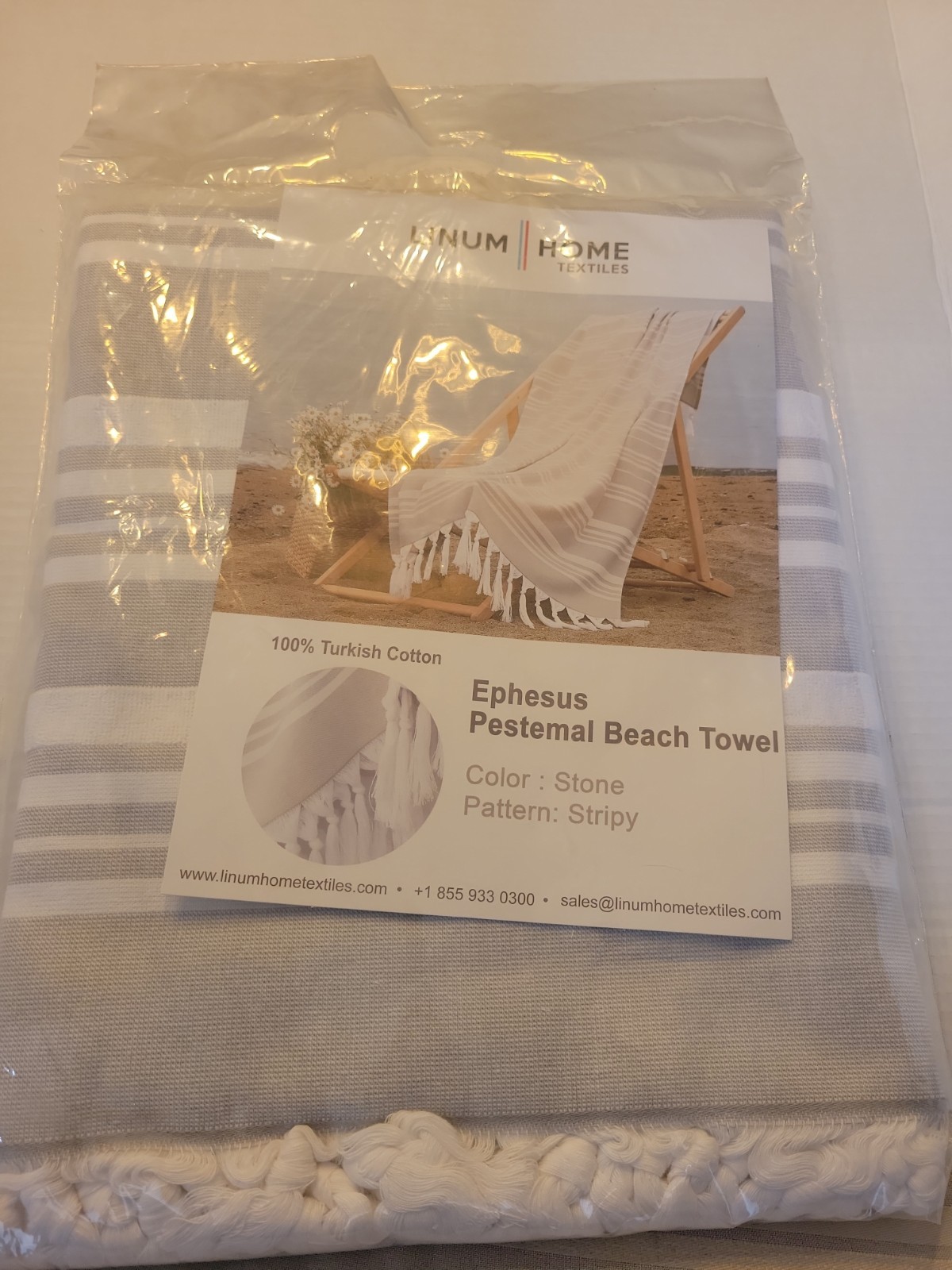 Linum Home Textiles Grey Striped Turkish Cotton Beach Towel Striped Fringe gallery