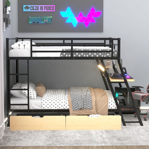 Full Size Metal Bunk Bed Frames with Built-in Desk LED Light and Storage Drawers gallery