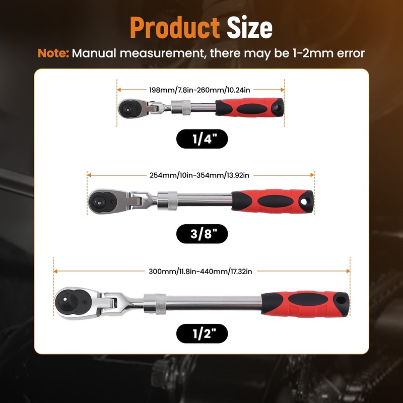 3-Piece Flex-Head Ratchet Wrench Set 72 Tooth 1/4” 3/8” 1/2” Drive Heavy Duty gallery