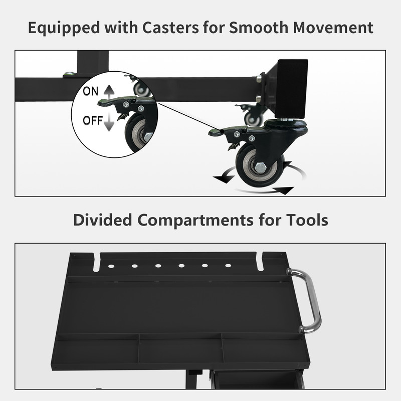 Adjustable Height Rolling Tool Tray,220lbs Capacity Down Work Table with Drawers gallery
