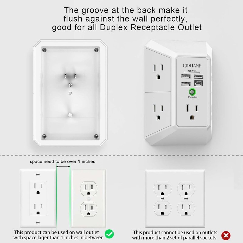 5 Outlet Extender Surge Protector Multi Plug Wall Adapter USB Charger Ports with gallery
