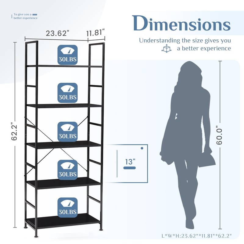 5 Tier Bookcase Bookshelf Storage Shelves for Living Room/Home/Office/Kitchen gallery