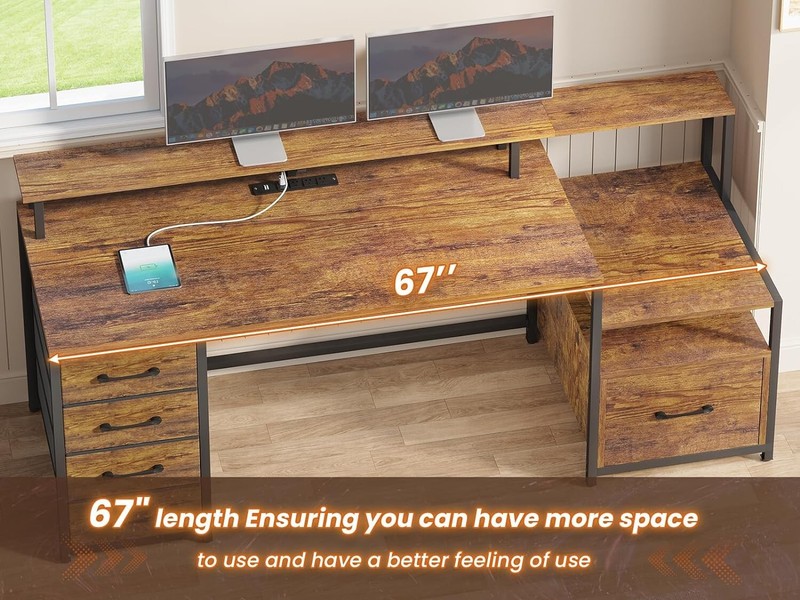 66'' Computer Desk with Led Lights&Monitor Shelf, Home Office Desk w/File Drawer gallery