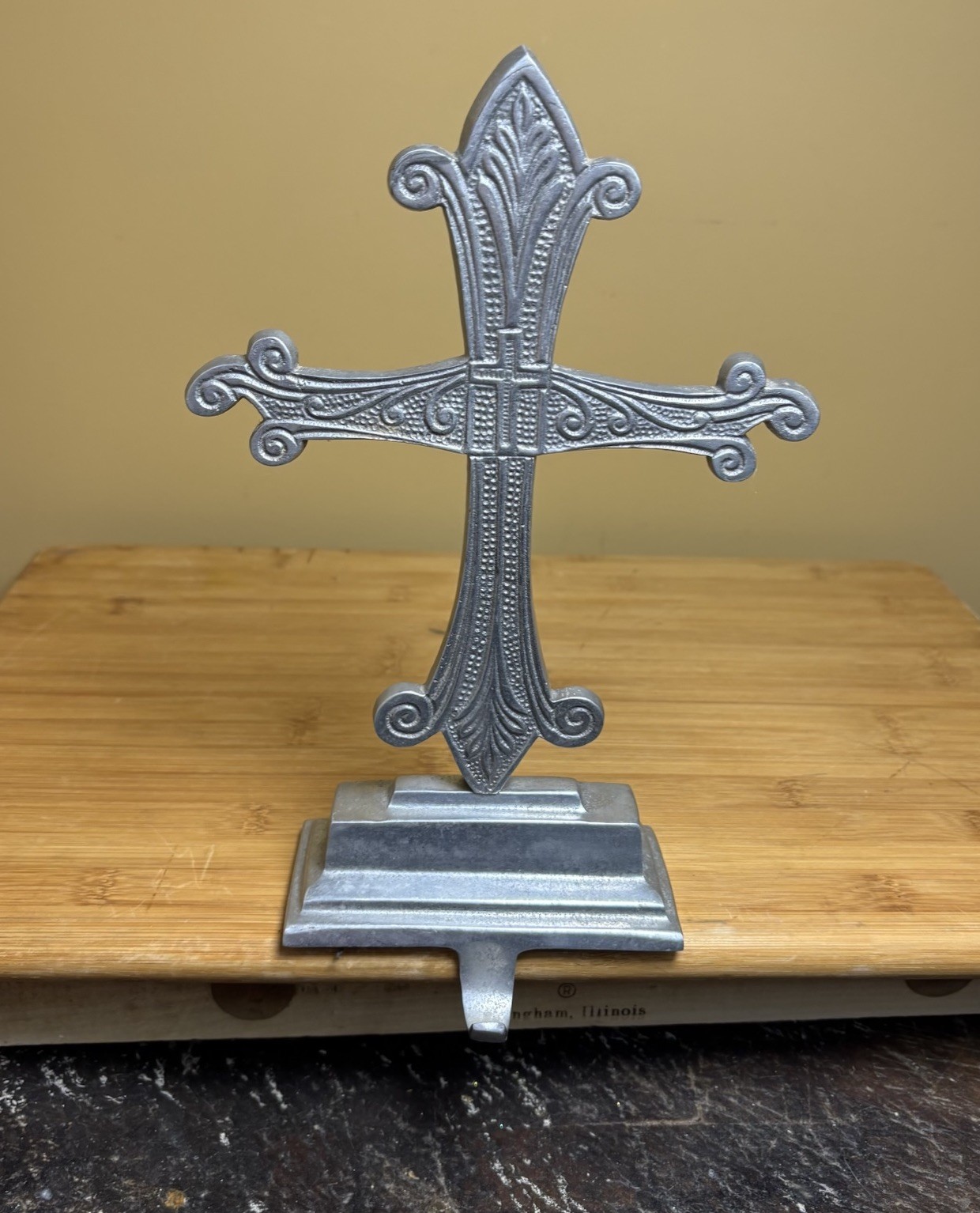 Cross Christmas Stocking Holder-11”x7” Silver Tone Ornate Hammered Metal. Heavy gallery