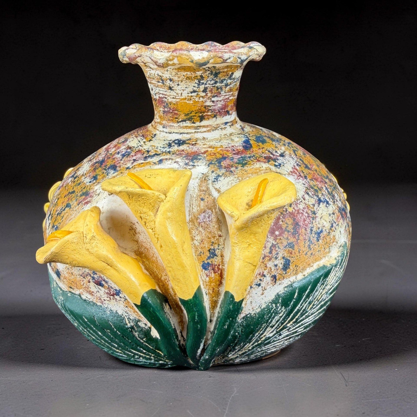 Mexican Pottery Calla Lily Vase Hand Painted Textured Ceramic Folk Art Vessel gallery
