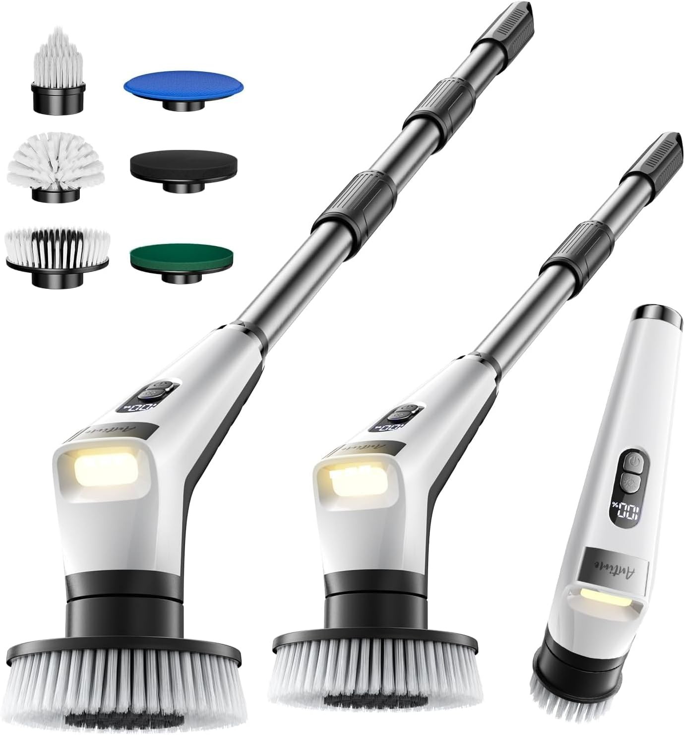 Antime 电动旋转刷，带 LED 灯，IPX8 防水清洁刷，带 LCD 显示屏，5 个可更换刷头，带 25kg 扭矩的淋浴刷，浴室、厨房 90 分钟续航 gallery