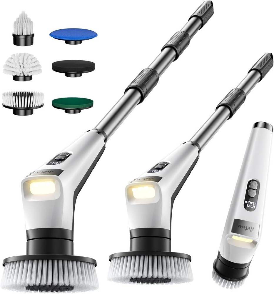 Antime 电动旋转刷，带 LED 灯，IPX8 防水清洁刷，带 LCD 显示屏，5 个可更换刷头，带 25kg 扭矩的淋浴刷，浴室、厨房 90 分钟续航