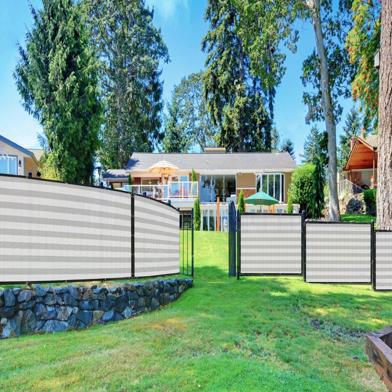2' Tall Gray Stripe Privacy Fence Screen UV Shade Permeable Fabric with Grommet gallery