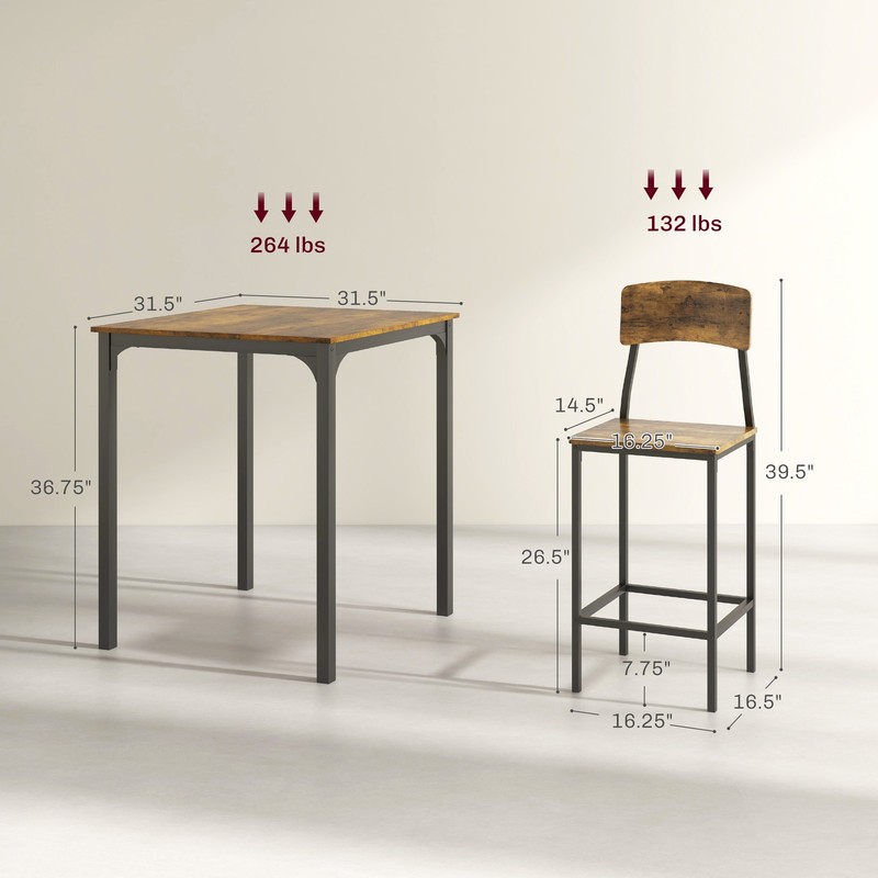 3 Piece Pub Table Set, Square Dining Table & 2 Stools, Rustic Brown/Black gallery