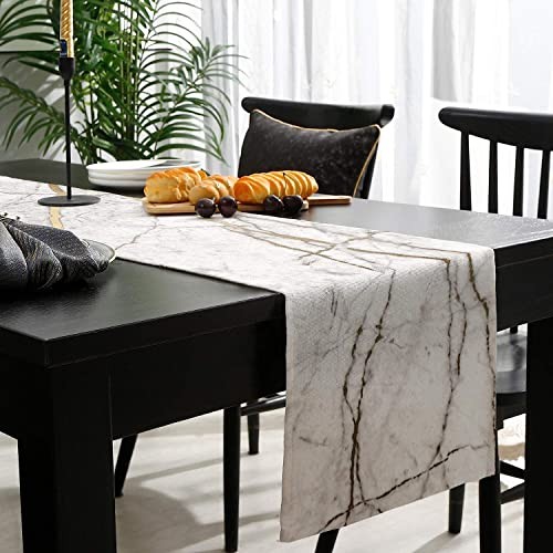 Marble Table Runner-Cotton Linen-Small 36 inches White Gray Gold Dresser gallery