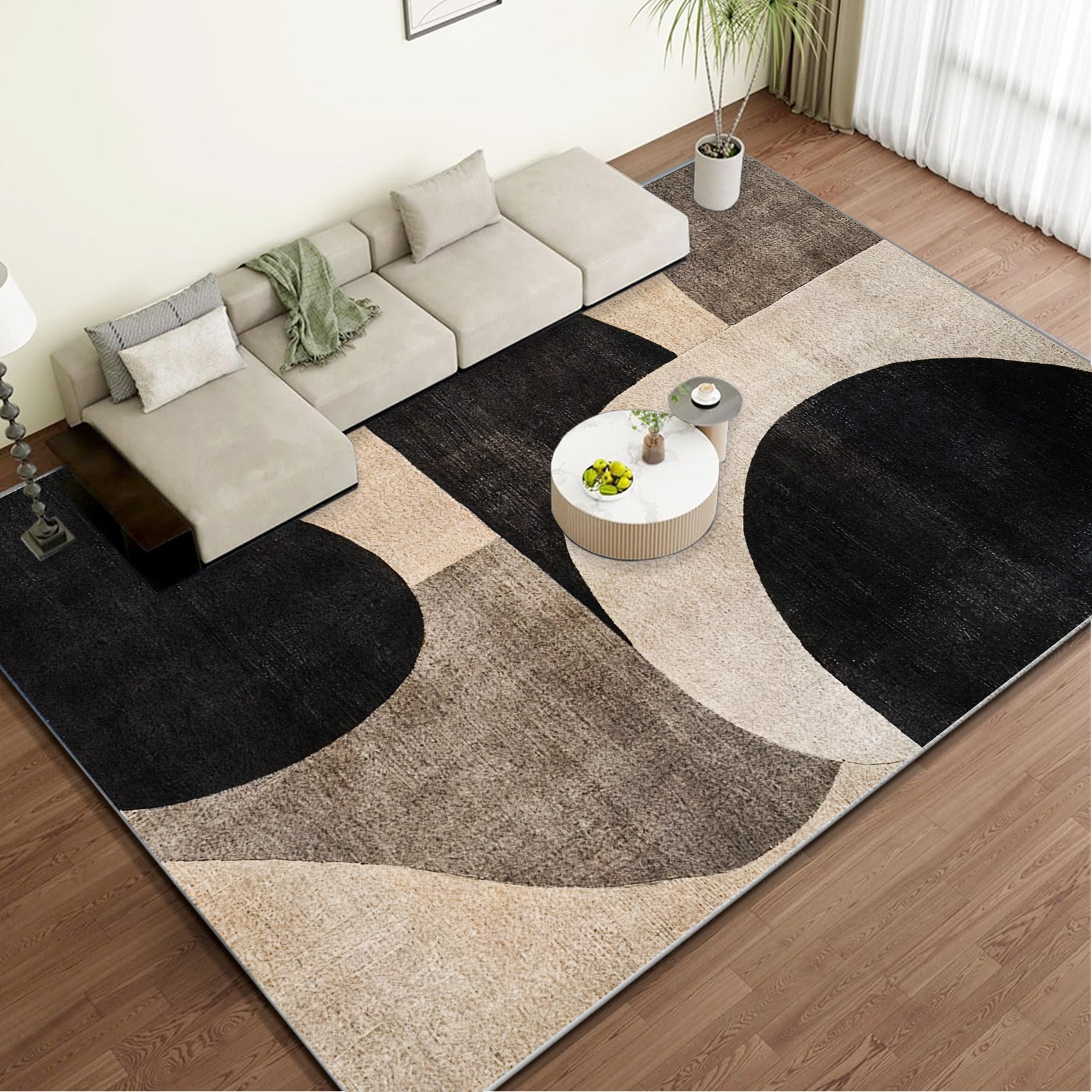 Velvet,Large Modern Abstract Geometric Rug - Beige Brown Black Gray White Luxur gallery