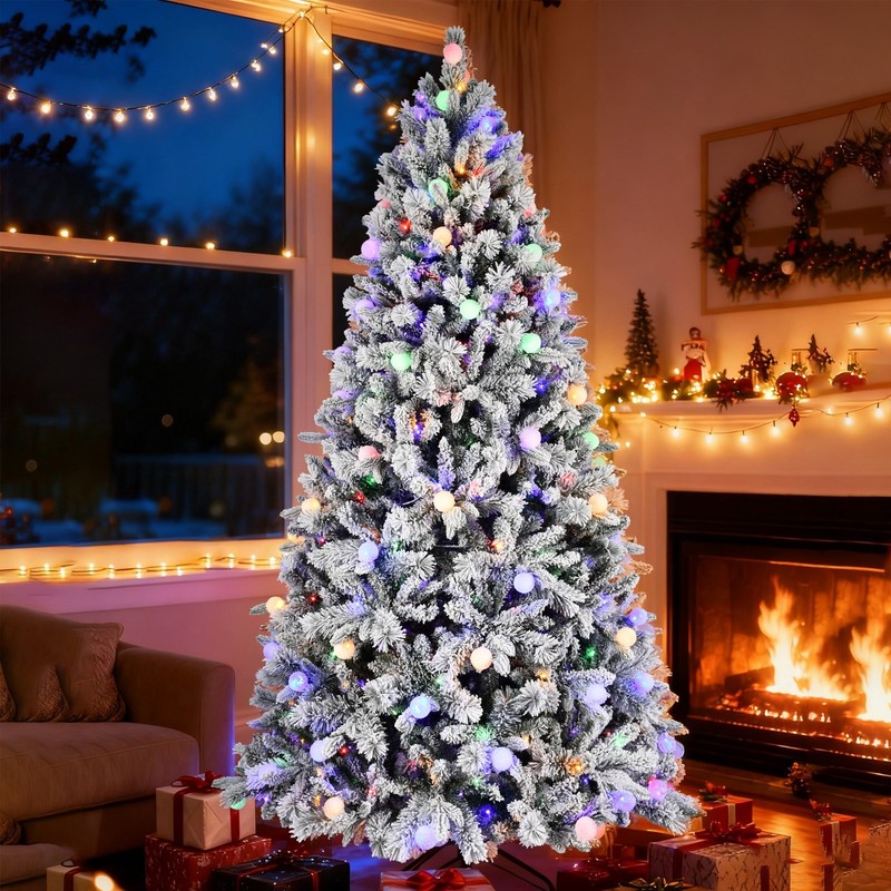 8 ft Prelit Snow Flocked Artificial Christmas Tree with White & Multicolor Light gallery