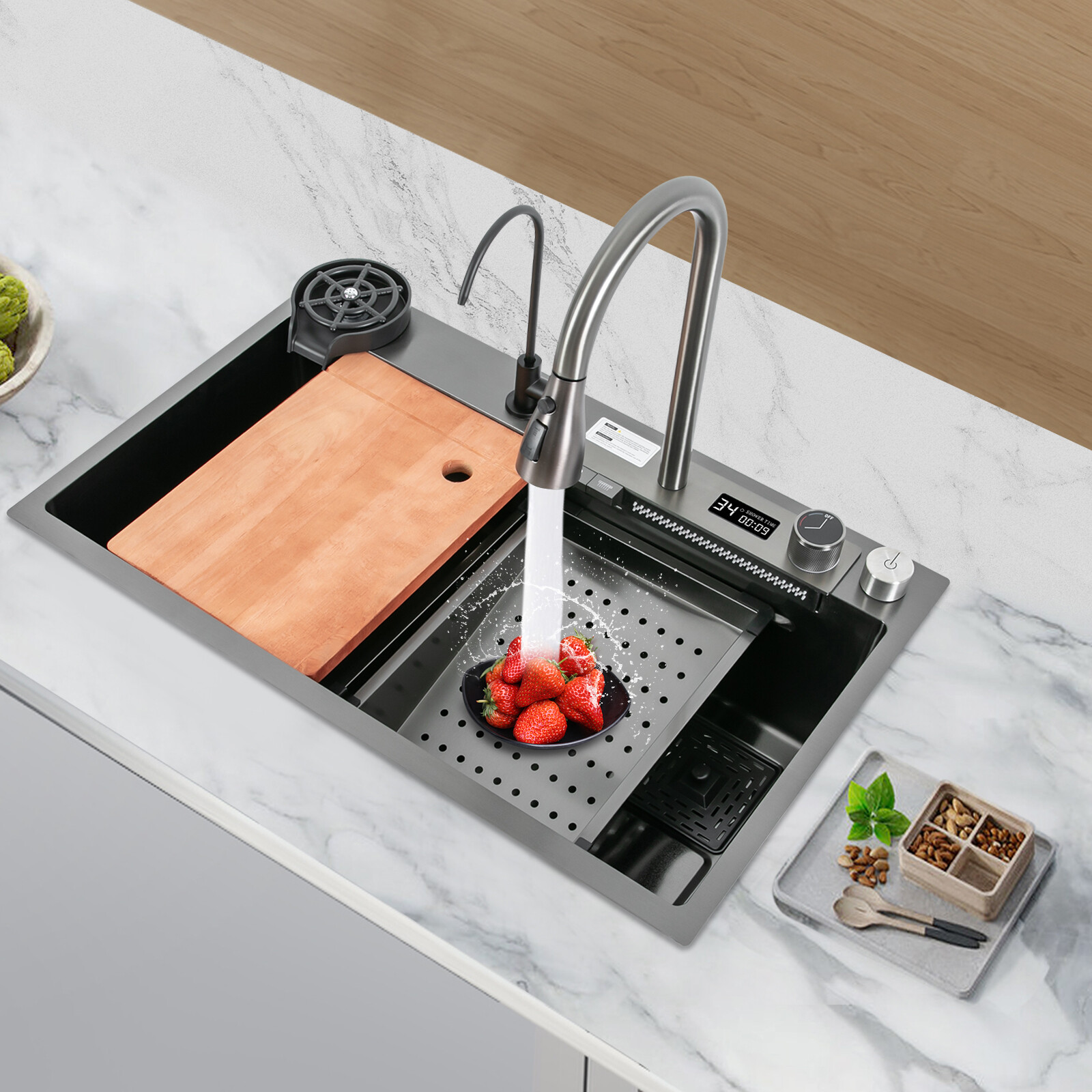 Kitchen Sink Double Basin Stainless Steel Sink Bowl W/ Pull-out Faucet gallery
