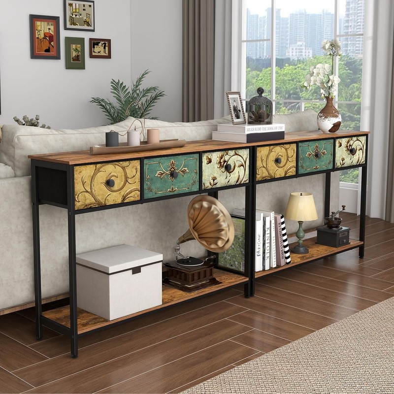 Entryway Console Table Rustic Brown Boho Sofa Table 3 Fabric Drawers Shelf gallery