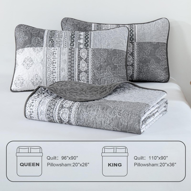 Grey Quilt Set Queen Size Boho Patchwork Bedspread Coverlet 3 Pieces, Bohemia... gallery