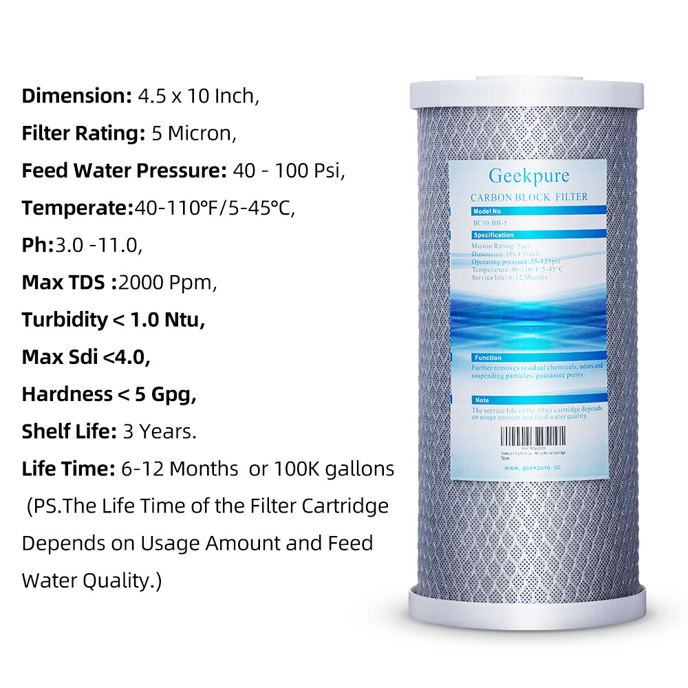 Geekpure Whole House Carbon Block Replacement Water Filter 5 Mic 4.5"x10" Pack 2 gallery