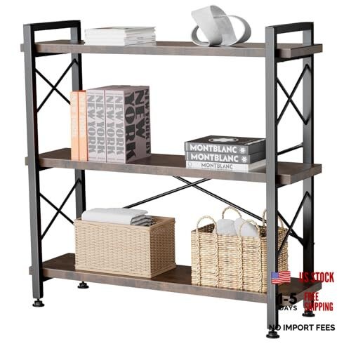 Bookshelf, Open 3 Shelf Short Bookcase, Rustic Shelves 3 Tier Dark Walnut Color gallery
