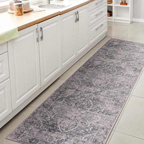 Machine Washable Blue/Light Gray Runner Rug 2X8 ft, Shaii Global Medallion gallery