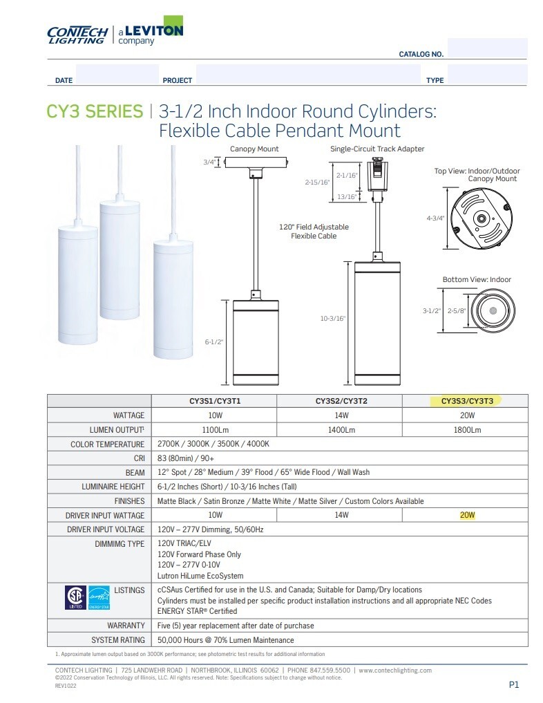Contech CY3 Series 6 1/2" Matte White Cylinder Pendant light with cord 3500K gallery