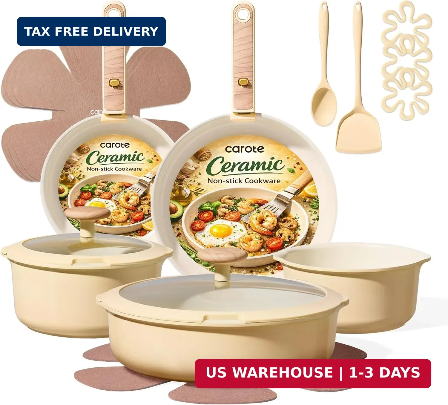 CAROTE 18 Pcs Ceramic Cookware Set Detachable Handle, Non Toxic Pots and Pans Se gallery