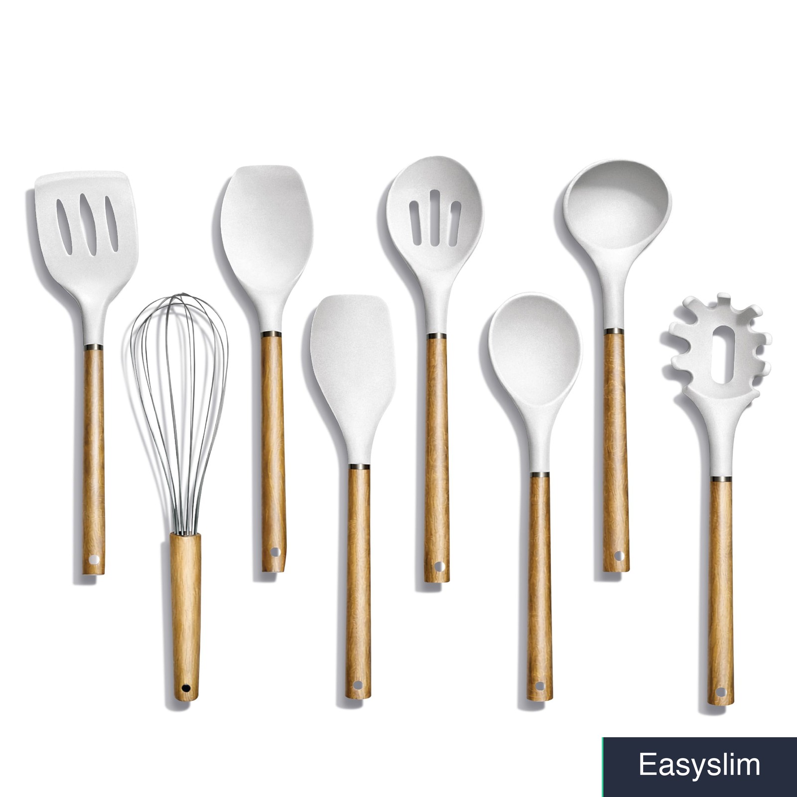 8 Piece Silicone Kitchen Utensil Set Non Stick White Wood Handles gallery