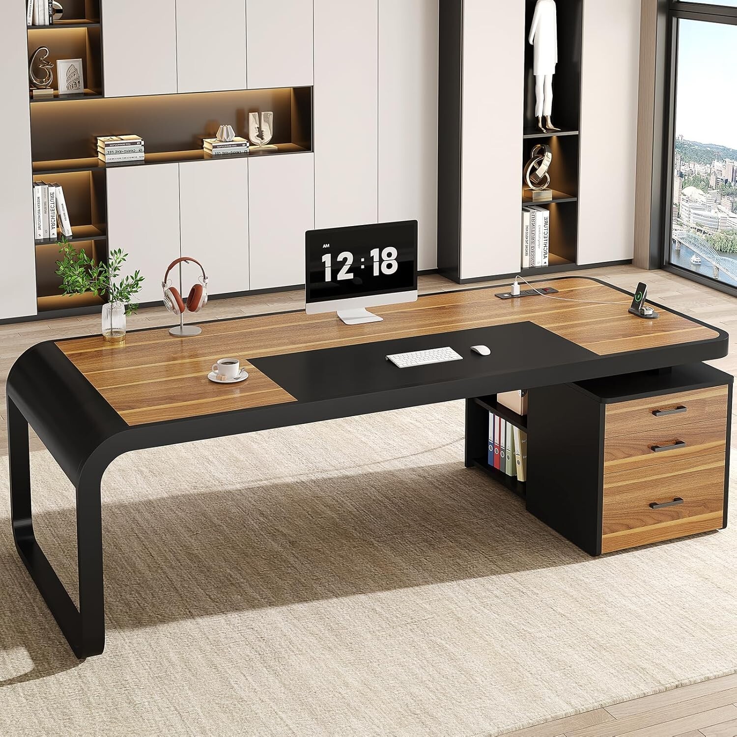 70.9" Executive Desk with File Cabinet, Large Computer Desk for Home Office gallery